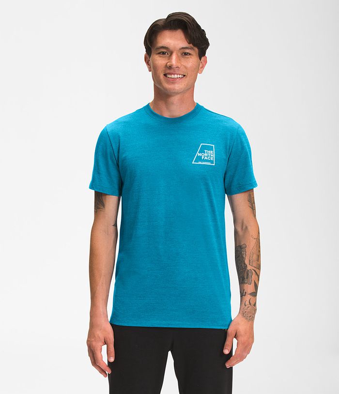 The North Face T Shirts Męska Niebieska Krótki Rękaw Logo Marks Tri-Blend - VUJW49078